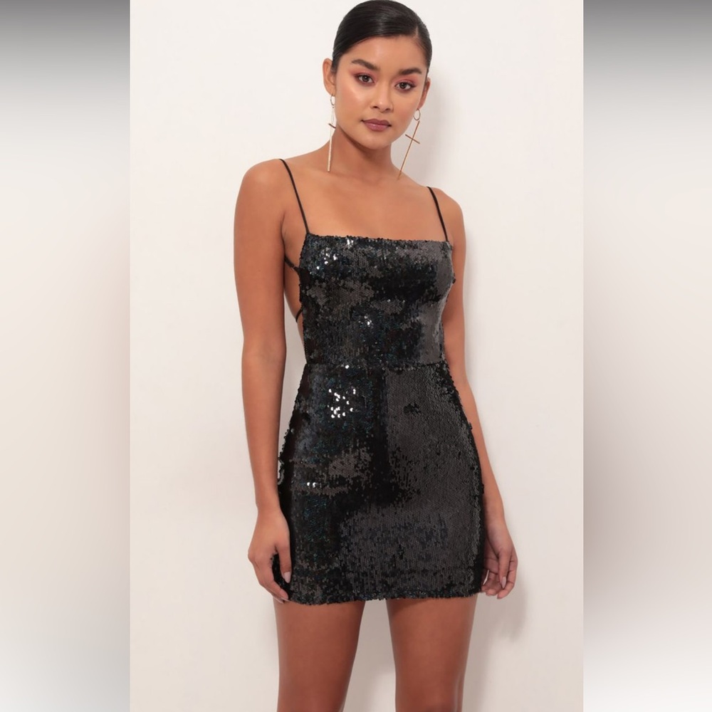 Lucy In The Sky Black-Silver Strappy Disco Sexy Open Back Sequin Mini Dress M - Picture 3 of 16